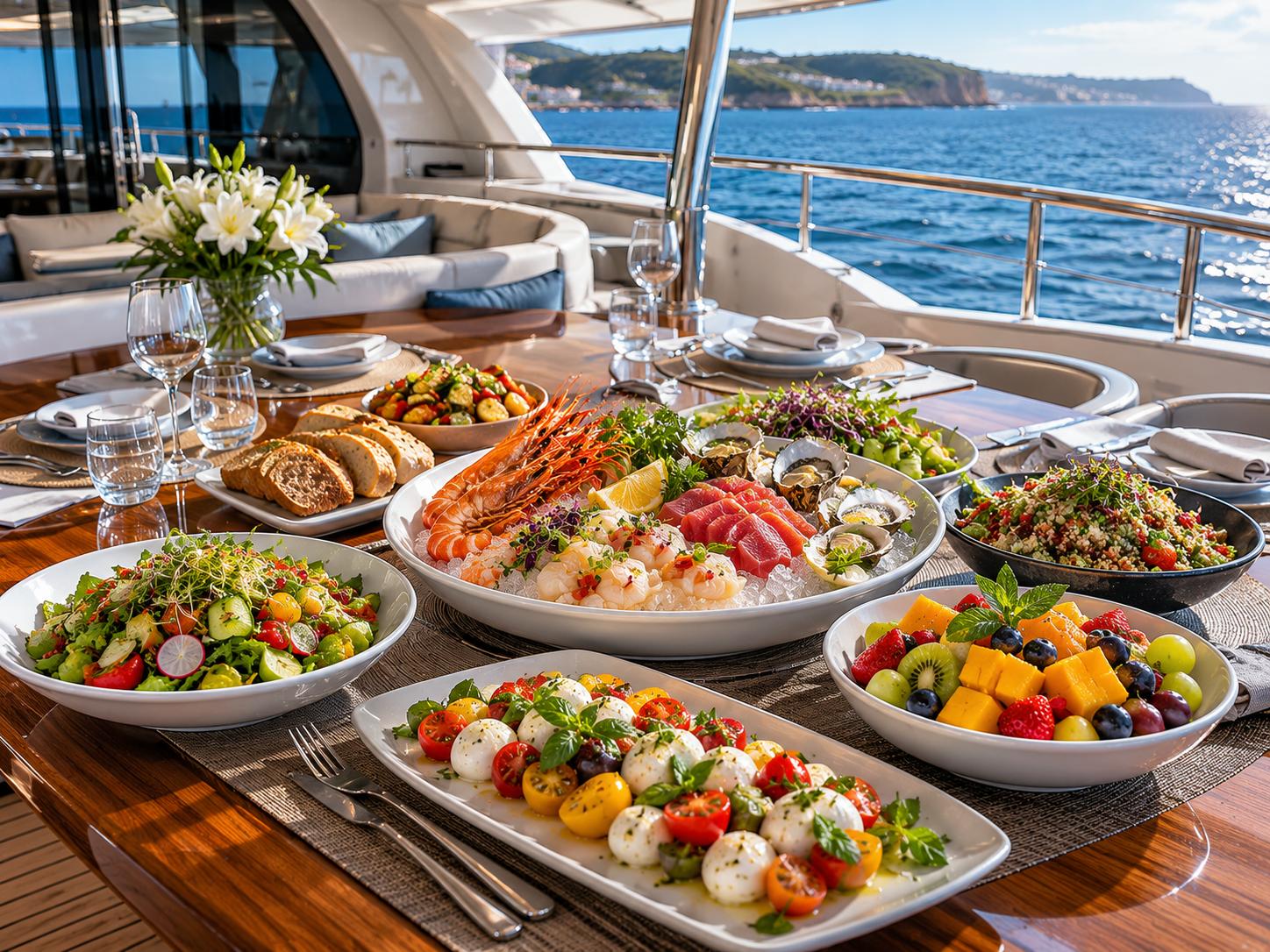 Gourmet seafood and fresh platters served on the deck table