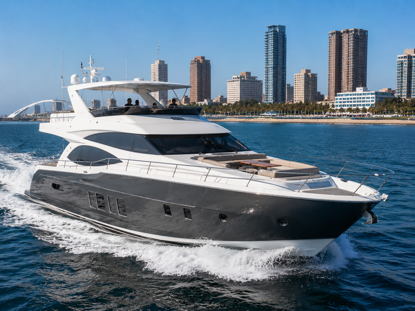 Luxury motor yacht cruising the Durban coastline