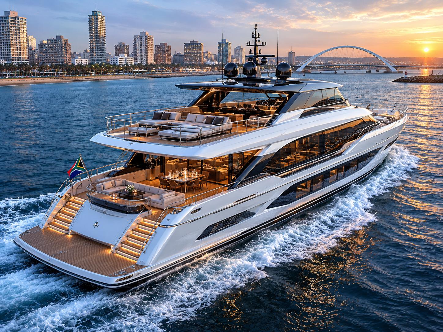 Luxury yacht cruising past the Durban skyline on an afternoon cruise