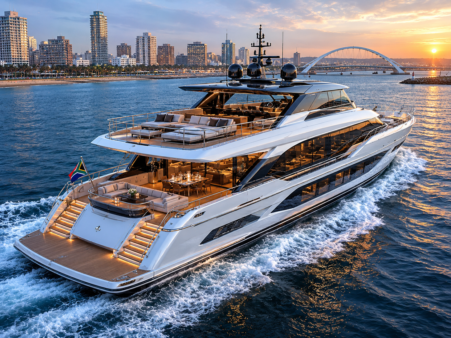 Luxury yacht cruising past the Durban skyline on an afternoon cruise