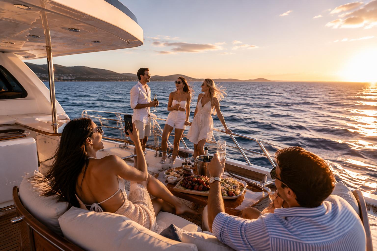 Guests relaxing on deck during a one-hour Versace Yacht cruise