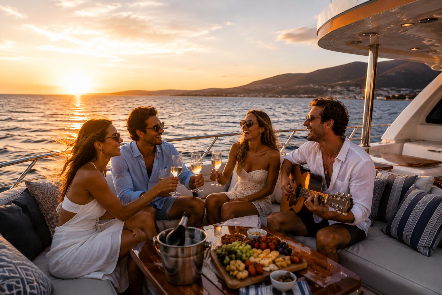 Corporate group celebrating aboard the Versace Yacht at sunset