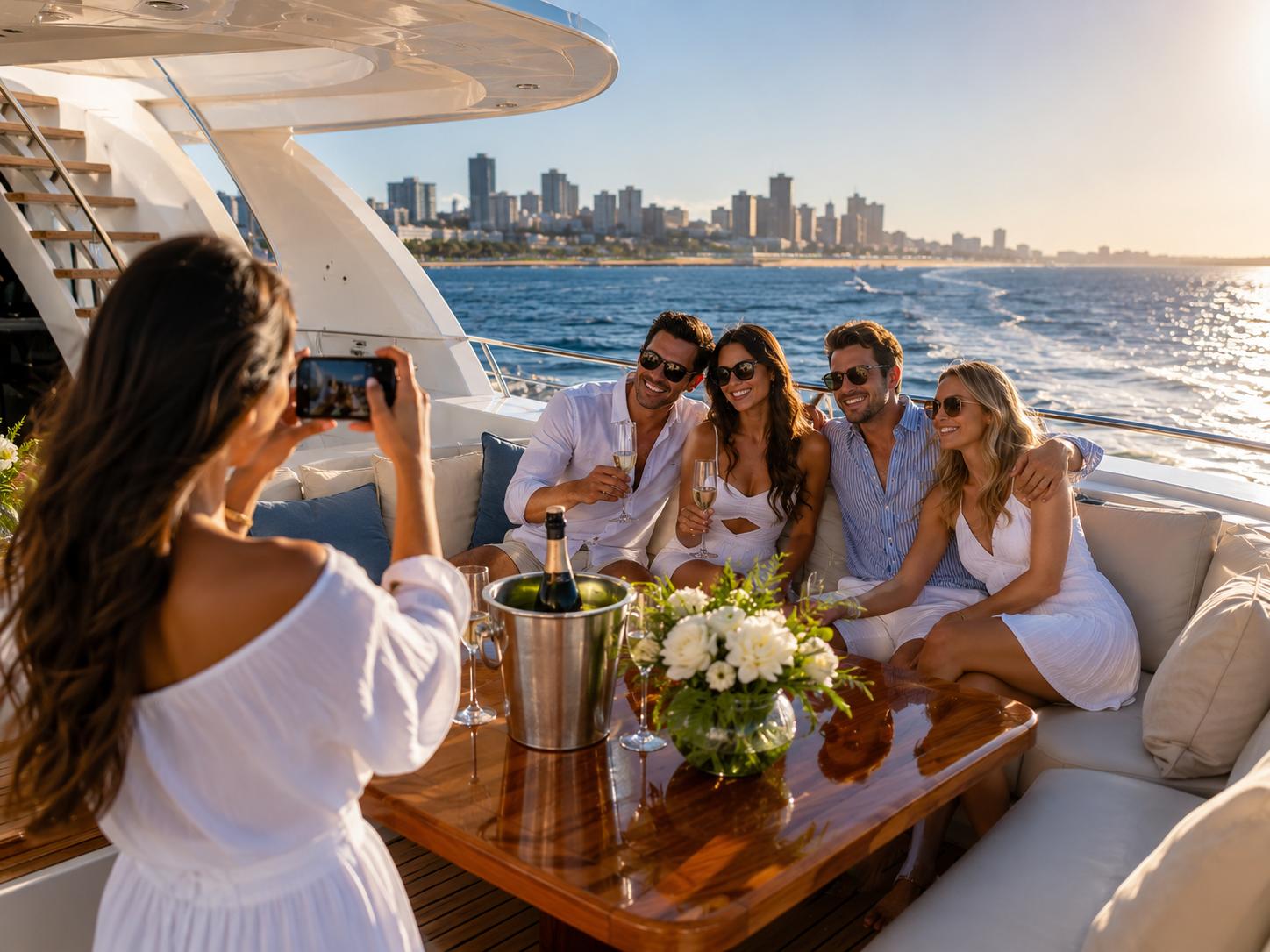 Friends posing for photos with champagne on deck