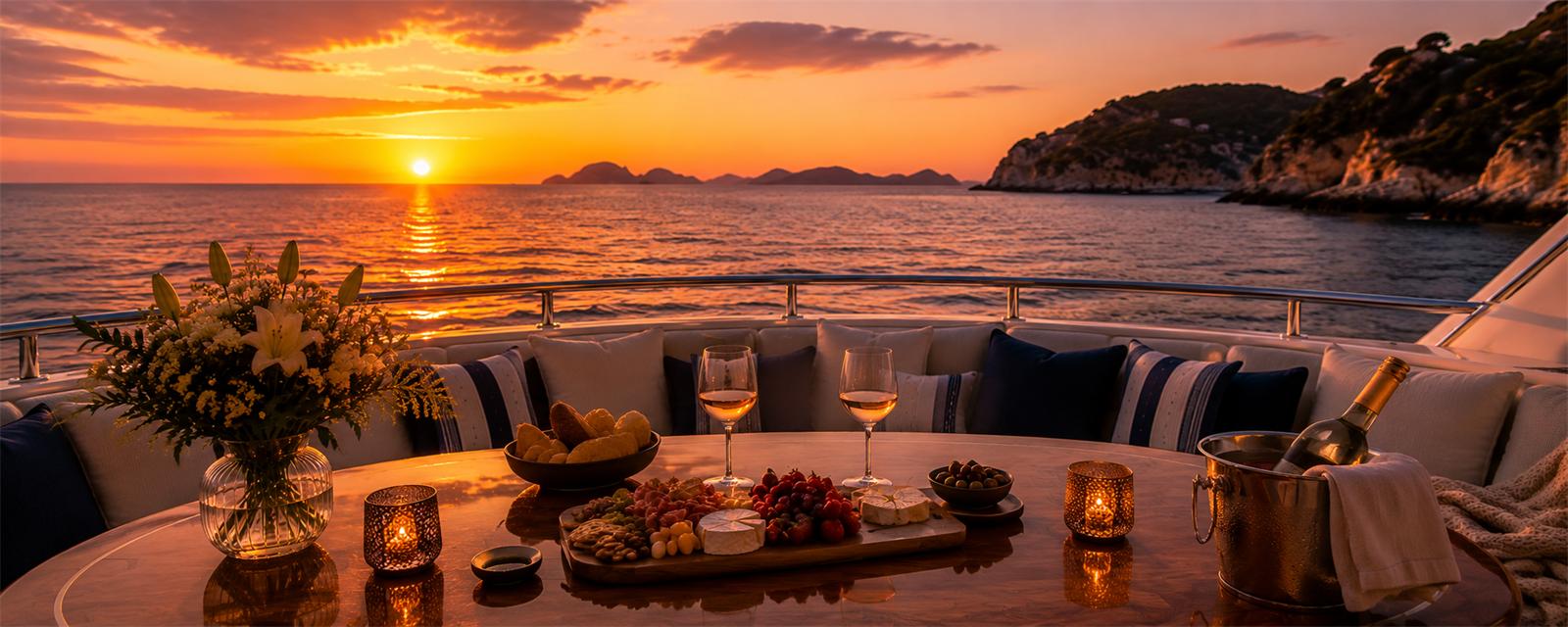 Golden-hour table setting on the Versace Yacht sunset party cruise