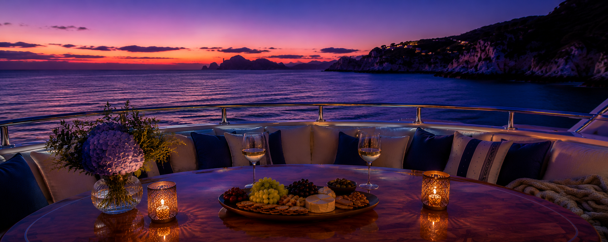 Romantic twilight dinner setting aboard the Versace Yacht