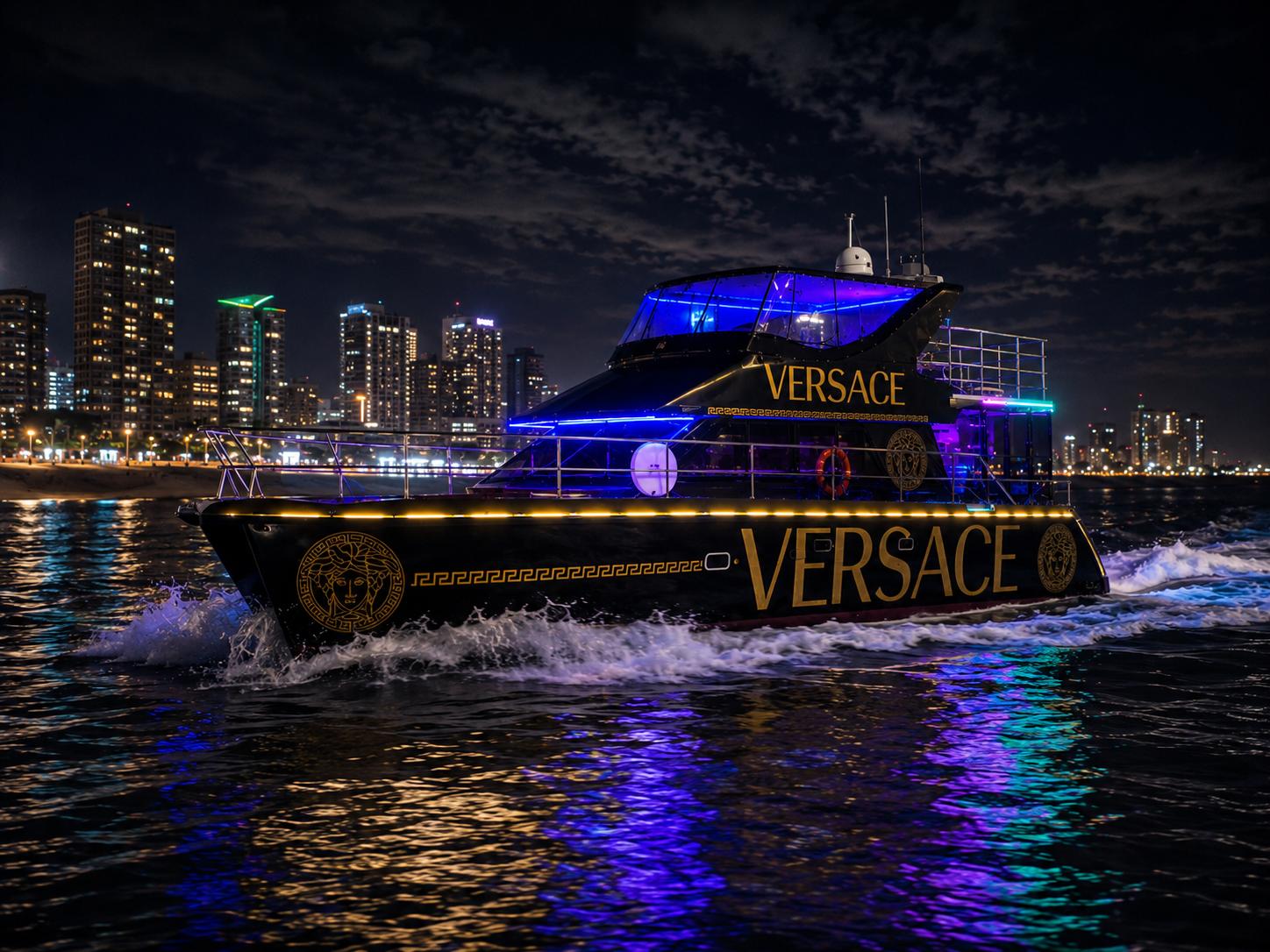 The Versace Yacht cruising after dark with Durban's city lights behind
